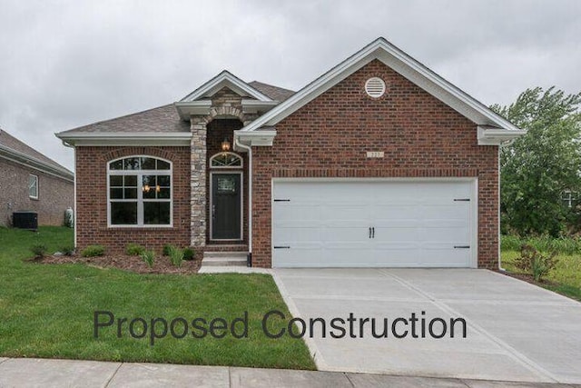 front facade featuring a front lawn, central AC unit, and a garage