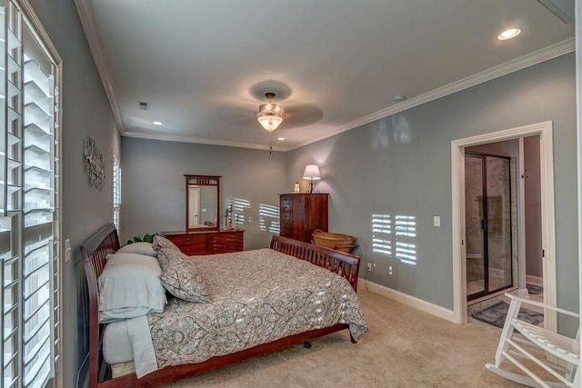 carpeted bedroom featuring ceiling fan and crown molding