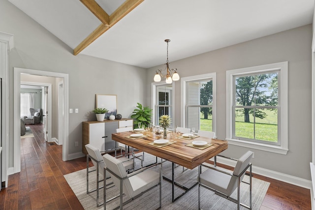 dining room with baseboards, a notable chandelier, and dark wood-style floors