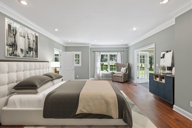 bedroom with recessed lighting, crown molding, dark wood-type flooring, and baseboards