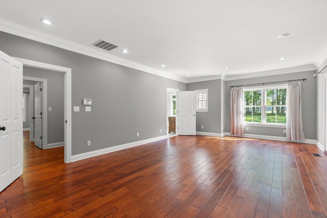 unfurnished room with baseboards, visible vents, recessed lighting, dark wood-style flooring, and ornamental molding