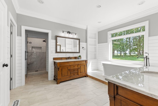 full bathroom featuring visible vents, vanity, ornamental molding, and a shower stall