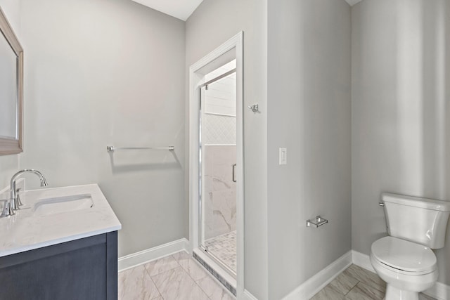 full bathroom with toilet, baseboards, marble finish floor, and a stall shower