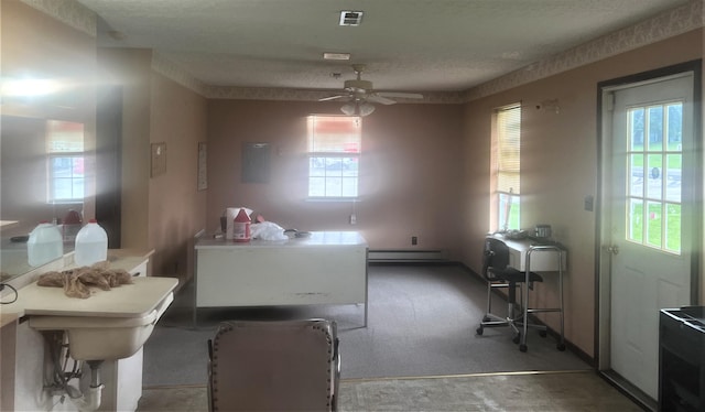 interior space with ceiling fan, plenty of natural light, a baseboard heating unit, and a textured ceiling