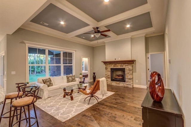 126 Amick Way, Georgetown, KY 40324 - living room with a fireplace, wood finished floors, ceiling fan, and beamed ceiling