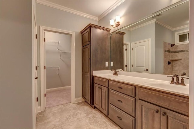 bathroom with dual vanity, tile flooring, and ornamental molding