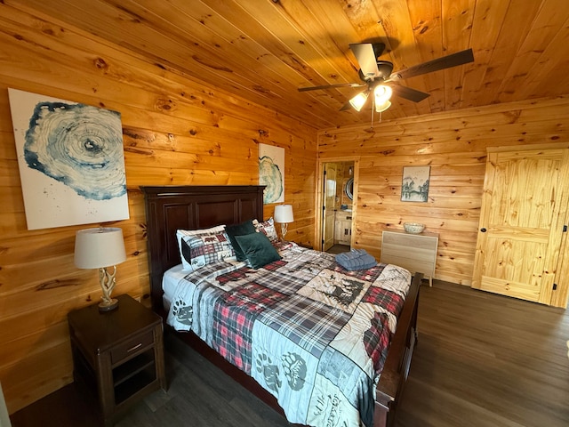 bedroom with dark hardwood / wood-style flooring, wood ceiling, ceiling fan, and wood walls