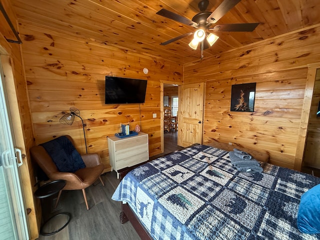 bedroom featuring wood-type flooring, wooden ceiling, ceiling fan, and wooden walls