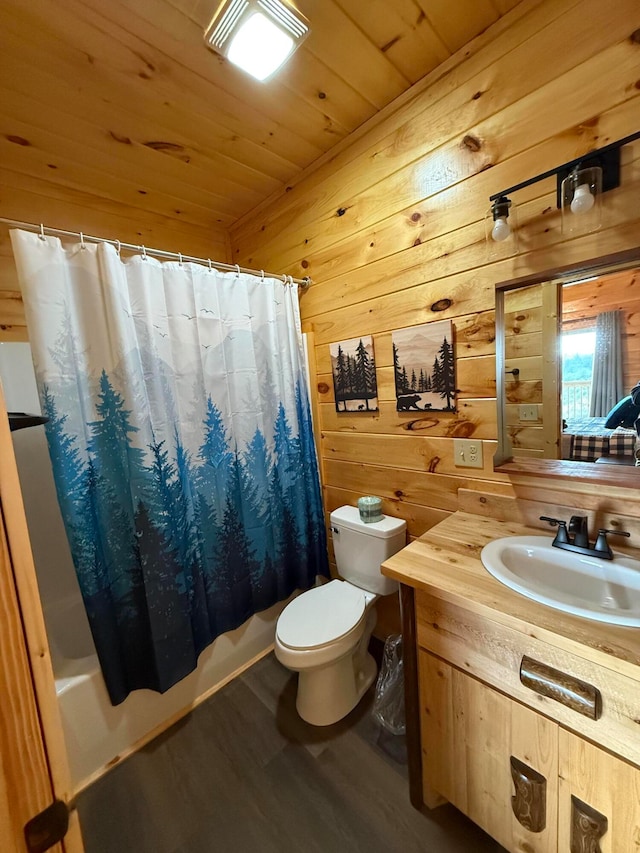 full bathroom with wood ceiling, shower / tub combo with curtain, wooden walls, wood-type flooring, and toilet