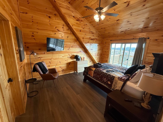 bedroom featuring ceiling fan, wooden walls, wooden ceiling, and dark hardwood / wood-style floors