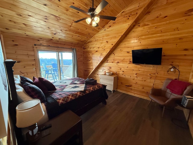 bedroom featuring access to exterior, ceiling fan, vaulted ceiling with beams, hardwood / wood-style floors, and wooden walls