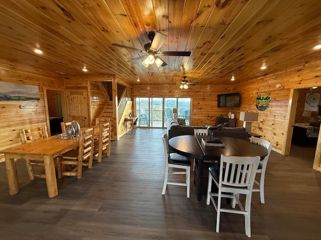 dining room featuring wood walls, dark hardwood / wood-style flooring, ceiling fan, and wooden ceiling