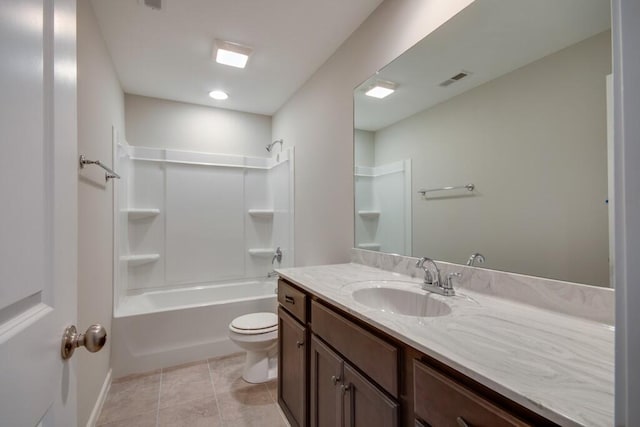 full bathroom with tile floors, shower / bathing tub combination, toilet, and vanity