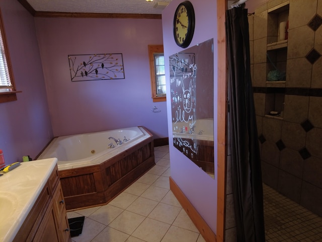 bathroom featuring shower with separate bathtub, tile floors, vanity, and a healthy amount of sunlight