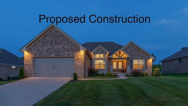 craftsman-style house with a front lawn, a garage, and cooling unit