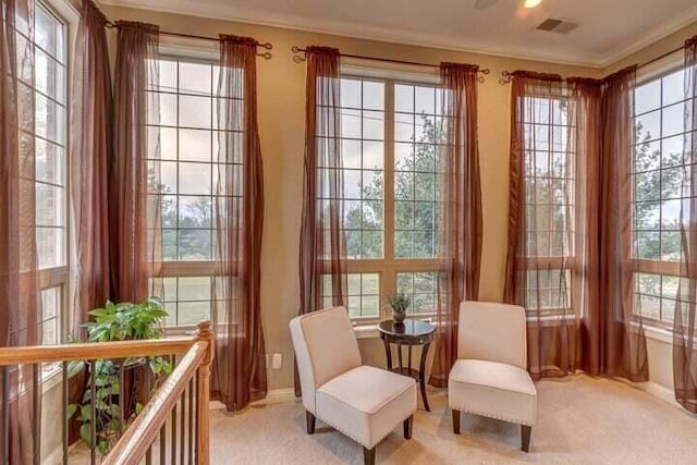 living area with carpet and ornamental molding