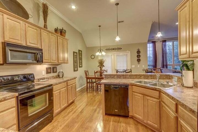 kitchen with sink, light wood-type flooring, light brown cabinets, pendant lighting, and black appliances