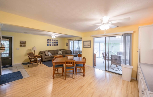 dining room with ceiling fan and light hardwood / wood-style floors