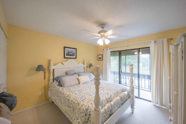 bedroom with ceiling fan, light carpet, and access to exterior