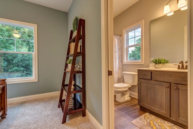 bathroom with toilet, a wealth of natural light, hardwood / wood-style flooring, and vanity with extensive cabinet space