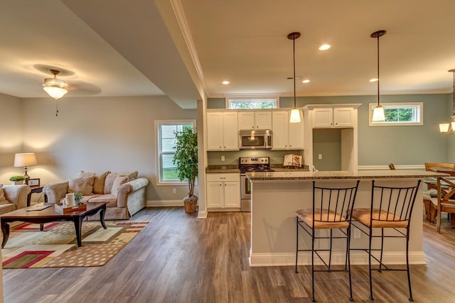 kitchen featuring dark hardwood / wood-style floors, white cabinetry, ceiling fan, and appliances with stainless steel finishes