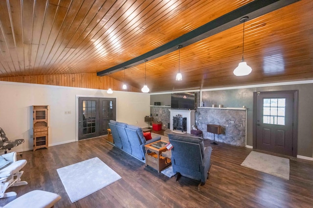 living room featuring wood ceiling, lofted ceiling, dark hardwood / wood-style floors, and french doors