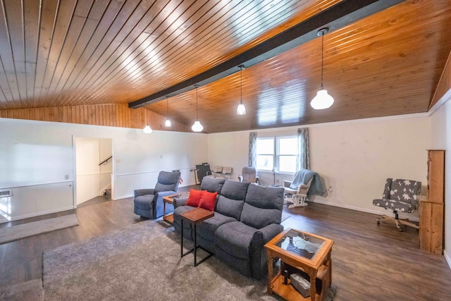 living room featuring dark hardwood / wood-style flooring, lofted ceiling, and wood ceiling