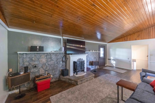 living room with a wood stove, lofted ceiling, a fireplace, dark hardwood / wood-style flooring, and wood ceiling