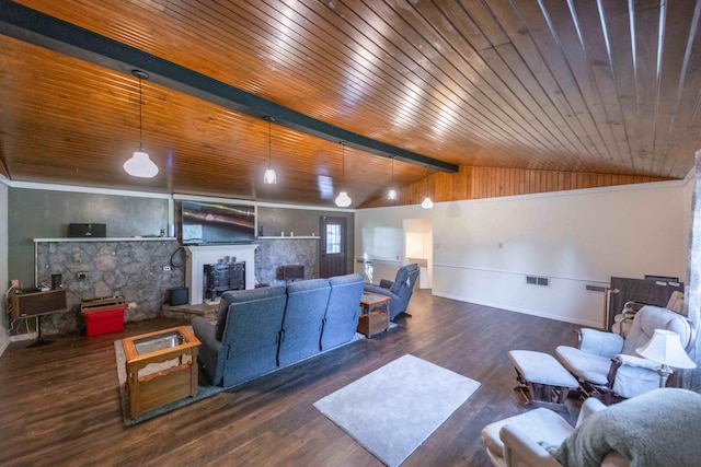 living room with wooden ceiling and dark wood-type flooring