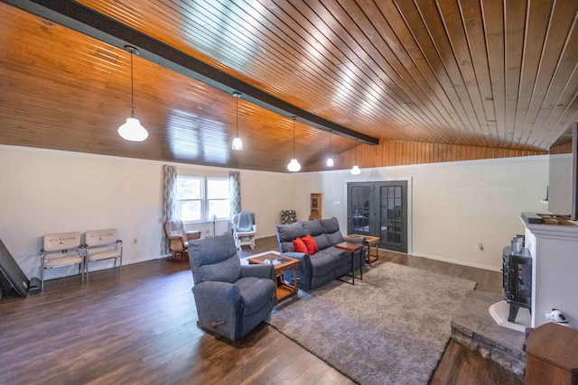 living room featuring wood ceiling, french doors, lofted ceiling, a wood stove, and dark hardwood / wood-style floors