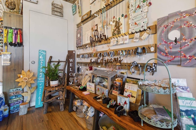 interior space featuring a workshop area and hardwood / wood-style flooring