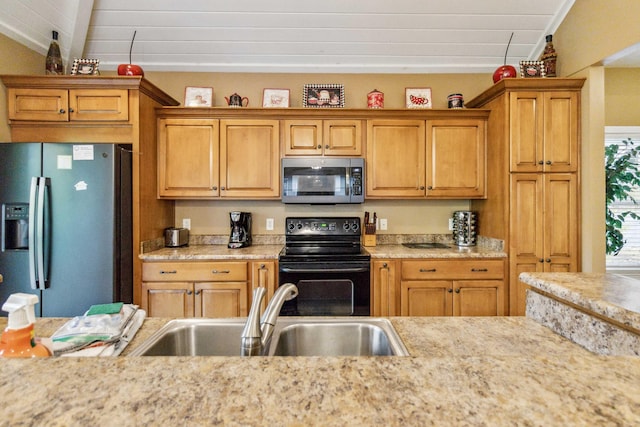 kitchen featuring lofted ceiling with beams, wooden ceiling, sink, and appliances with stainless steel finishes