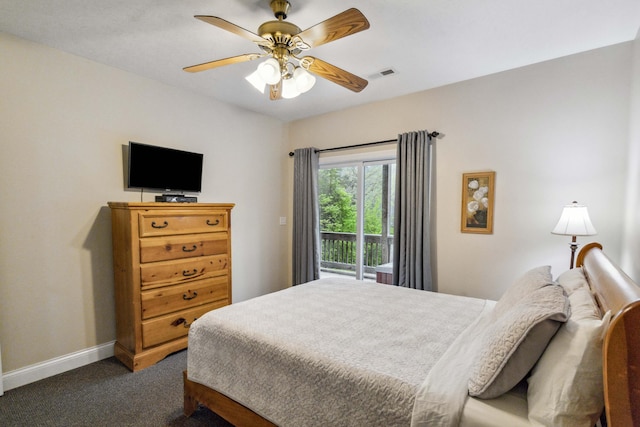 carpeted bedroom with access to exterior and ceiling fan