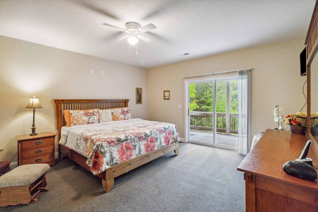 carpeted bedroom featuring access to exterior and ceiling fan