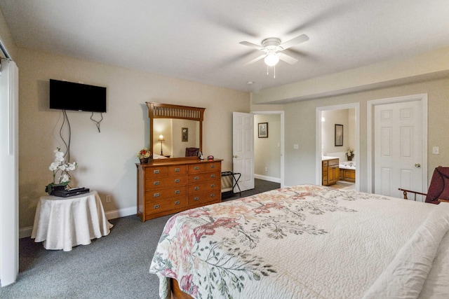 bedroom featuring ceiling fan, dark carpet, and ensuite bath