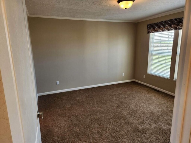 carpeted spare room featuring ornamental molding and a textured ceiling