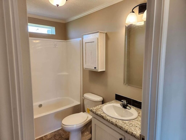 full bathroom with toilet, a textured ceiling, vanity, and shower / tub combination