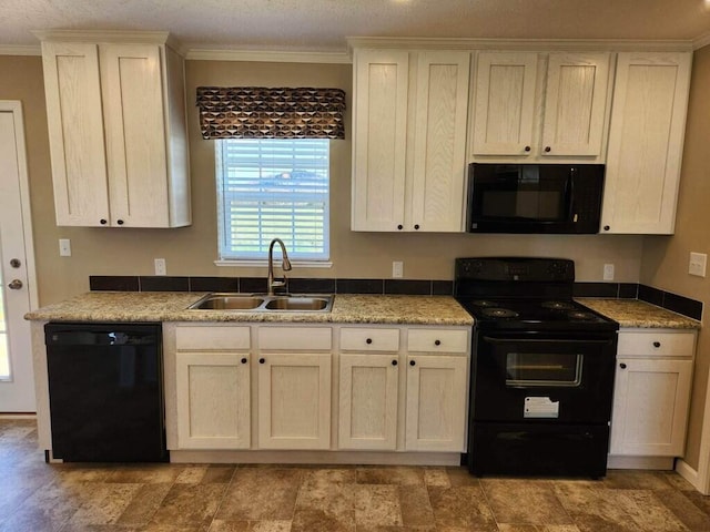 kitchen with crown molding, light tile floors, black appliances, light stone countertops, and sink