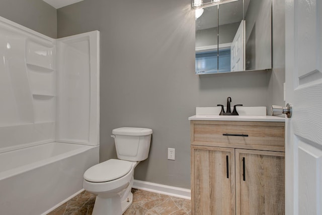 full bathroom featuring tile floors, shower / tub combination, toilet, and vanity