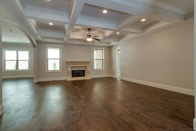 unfurnished living room with coffered ceiling, ceiling fan, beam ceiling, and dark hardwood / wood-style flooring