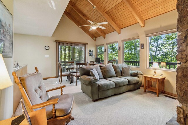 living room with plenty of natural light, beam ceiling, wood ceiling, and high vaulted ceiling