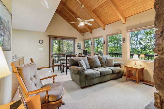 carpeted living room with a wealth of natural light, visible vents, high vaulted ceiling, and wooden ceiling