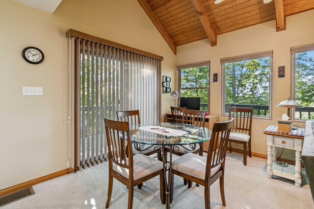 dining room featuring lofted ceiling with beams, light colored carpet, and wooden ceiling