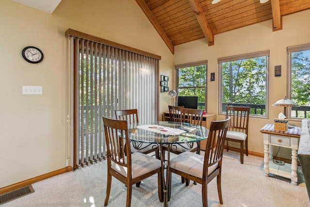 dining space featuring visible vents, baseboards, vaulted ceiling with beams, wooden ceiling, and light colored carpet