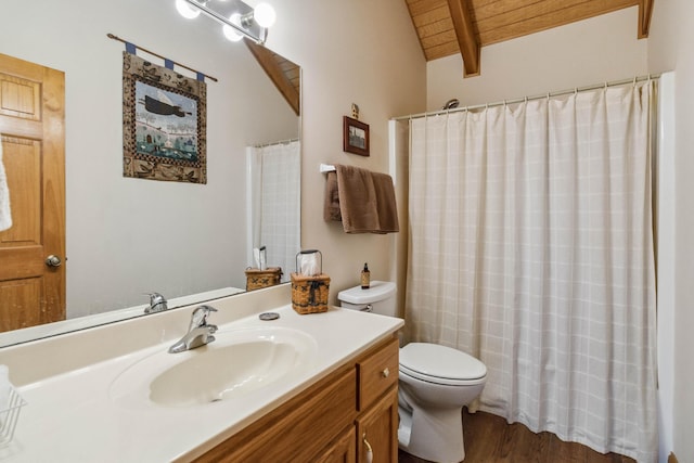 full bathroom with beamed ceiling, toilet, wooden ceiling, wood finished floors, and vanity