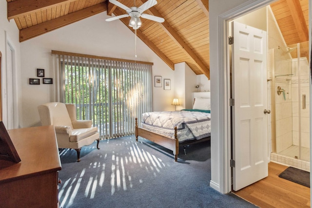 carpeted bedroom featuring vaulted ceiling with beams, ceiling fan, and wooden ceiling