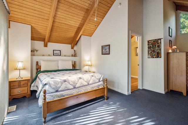 bedroom with beam ceiling, high vaulted ceiling, carpet, wooden ceiling, and baseboards