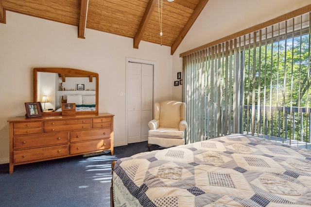 bedroom featuring beam ceiling, wooden ceiling, dark colored carpet, high vaulted ceiling, and a closet