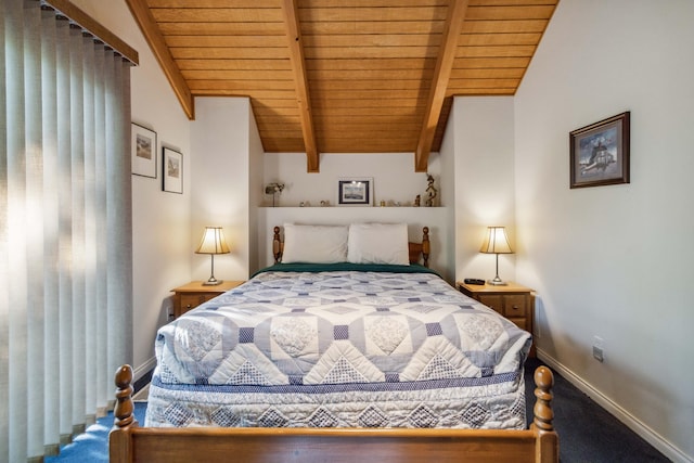 bedroom featuring vaulted ceiling with beams, carpet floors, and wooden ceiling