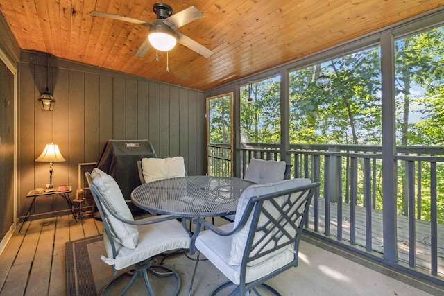 sunroom with ceiling fan and wood ceiling